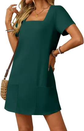 AlvaQ Womens Solid Color Casual Summer Square Neck Short Sleeve Mini Dresses with Pockets