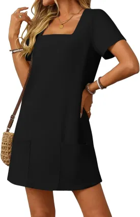 AlvaQ Womens Solid Color Casual Summer Square Neck Short Sleeve Mini Dresses with Pockets