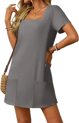 AlvaQ Womens Solid Color Casual Summer Square Neck Short Sleeve Mini Dresses with Pockets