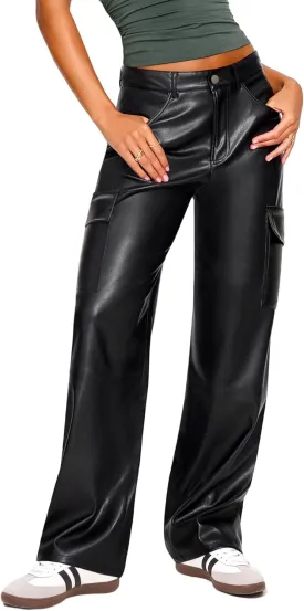Black Faux Leather Pants for Women High Waisted Flare Cargo Pants Y2k Straight Wide Leg Pleather Pants with Pockets