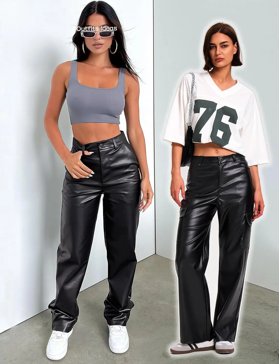 Black Faux Leather Pants for Women High Waisted Flare Cargo Pants Y2k Straight Wide Leg Pleather Pants with Pockets