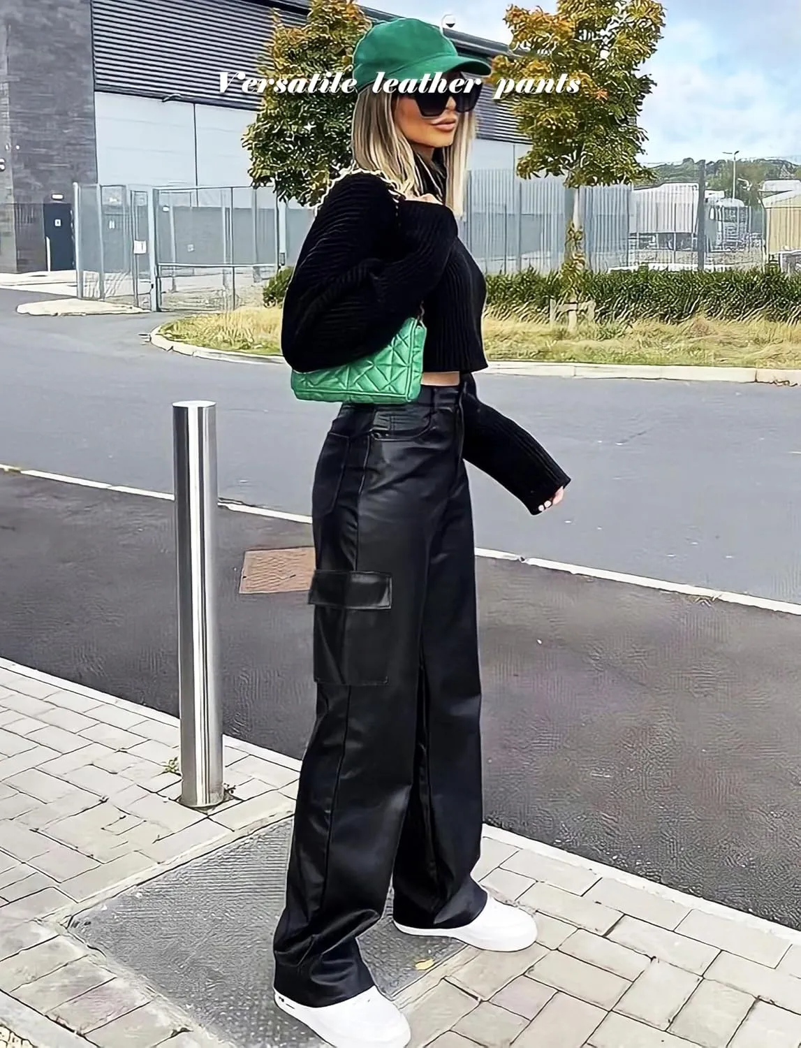 Black Faux Leather Pants for Women High Waisted Flare Cargo Pants Y2k Straight Wide Leg Pleather Pants with Pockets
