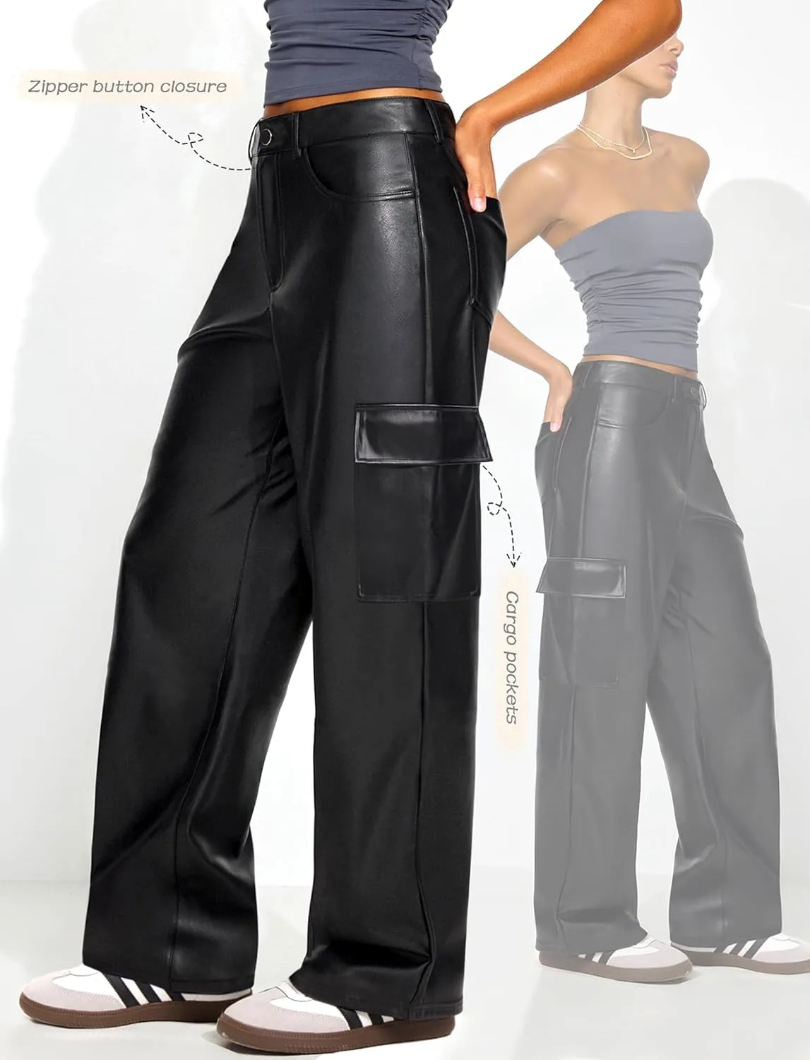 Black Faux Leather Pants for Women High Waisted Flare Cargo Pants Y2k Straight Wide Leg Pleather Pants with Pockets