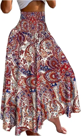 Boho Maxi Skirts for Women Floor Length Flowy Skirt Elastic High Waisted Tiered Skirts Vintage Bohemian Clothes for Ladies