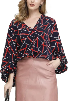 BUENOS NINOS Women's Dressy Tops Balloon Long Sleeve Blouse V Neck Casual Floral Loose Shirts