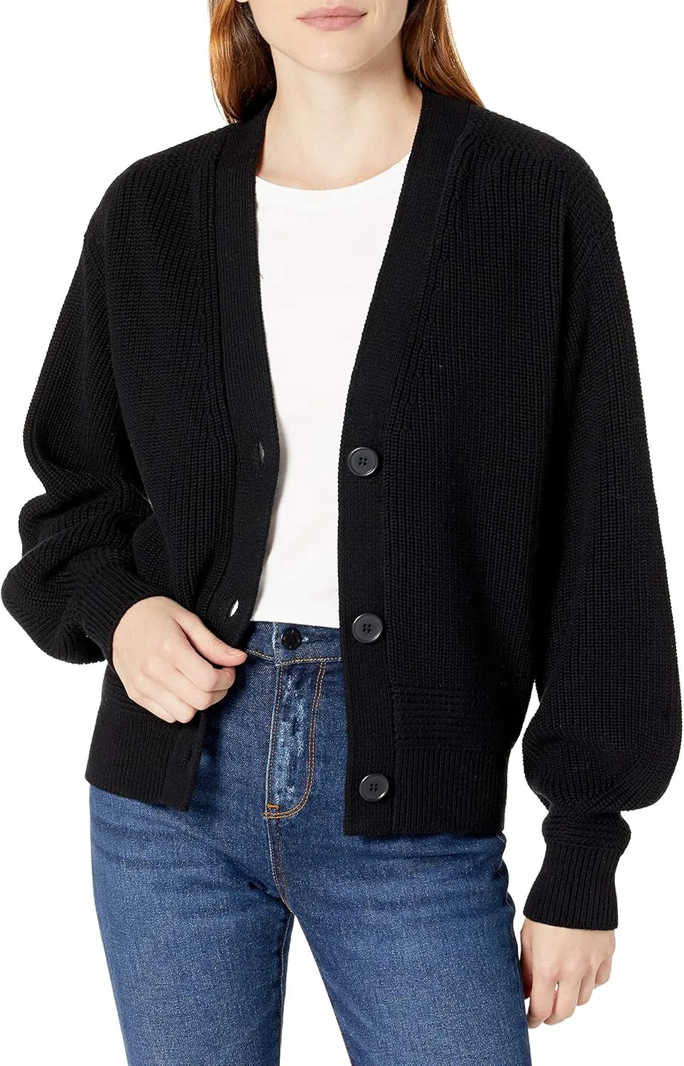 Cable Stitch Women's Cropped Textured Cardigan - Button Front V-Neck Shaker Fisherman Stitch Balloon Sleeve Oversized Sweater