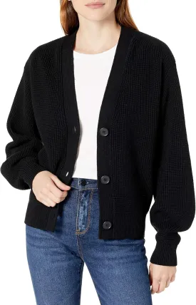 Cable Stitch Women's Cropped Textured Cardigan - Button Front V-Neck Shaker Fisherman Stitch Balloon Sleeve Oversized Sweater