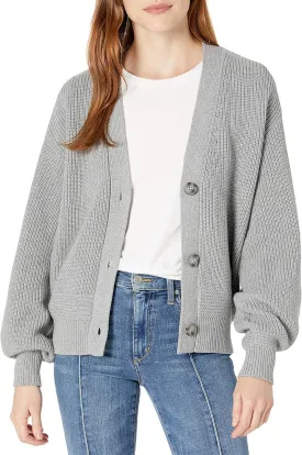 Cable Stitch Women's Cropped Textured Cardigan - Button Front V-Neck Shaker Fisherman Stitch Balloon Sleeve Oversized Sweater
