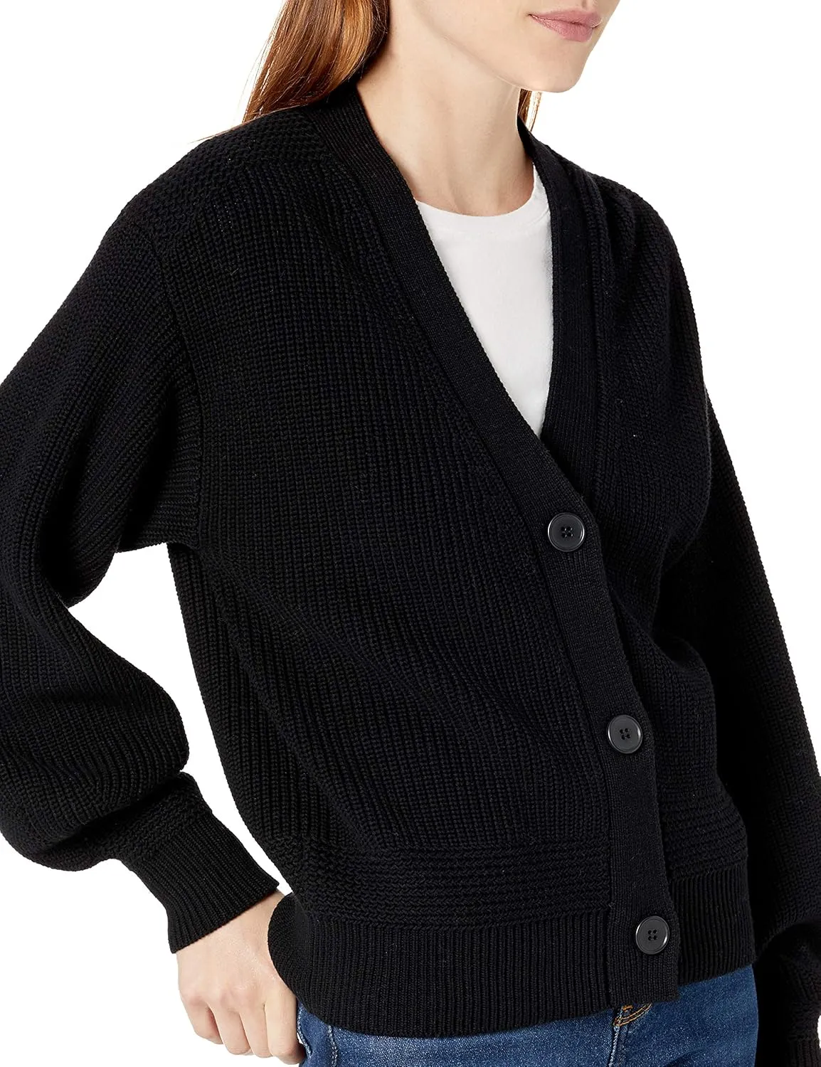 Cable Stitch Women's Cropped Textured Cardigan - Button Front V-Neck Shaker Fisherman Stitch Balloon Sleeve Oversized Sweater
