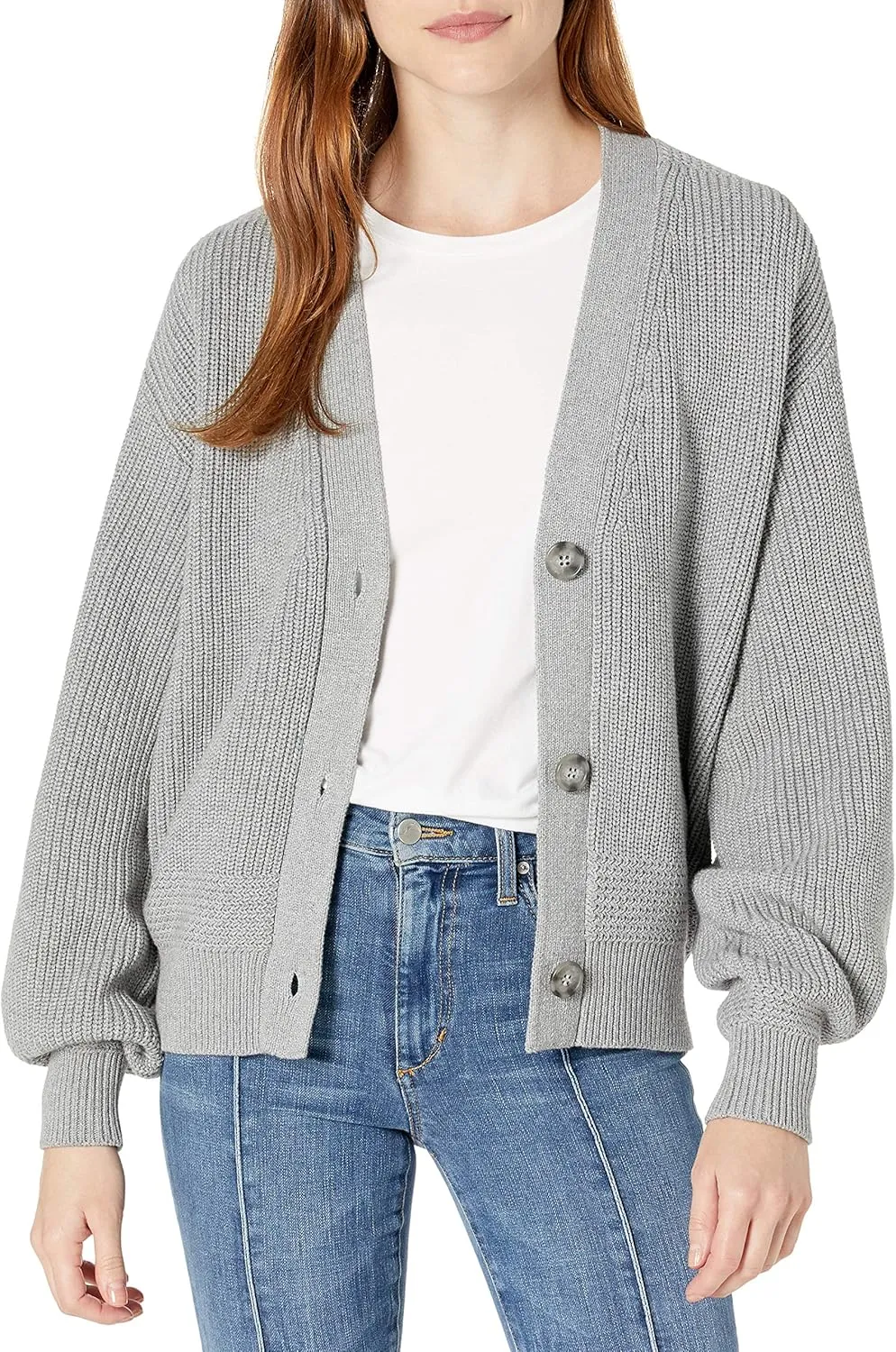 Cable Stitch Women's Cropped Textured Cardigan - Button Front V-Neck Shaker Fisherman Stitch Balloon Sleeve Oversized Sweater