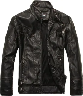 chouyatou Men's Vintage Stand Collar Pu Leather Jacket