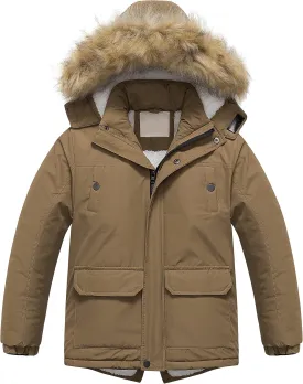 Chrisuno Boy's Waterproof Winter Sherpa Parka Coat Med-Length Outerwear Jackets With Detachable Furry Hood