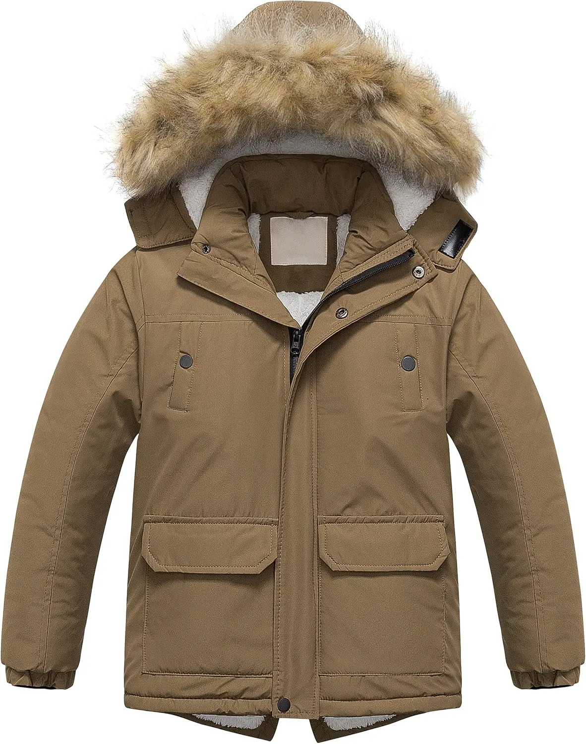 Chrisuno Boy's Waterproof Winter Sherpa Parka Coat Med-Length Outerwear Jackets With Detachable Furry Hood