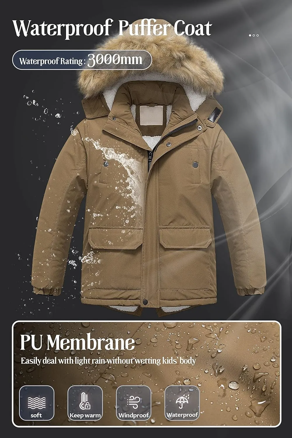 Chrisuno Boy's Waterproof Winter Sherpa Parka Coat Med-Length Outerwear Jackets With Detachable Furry Hood