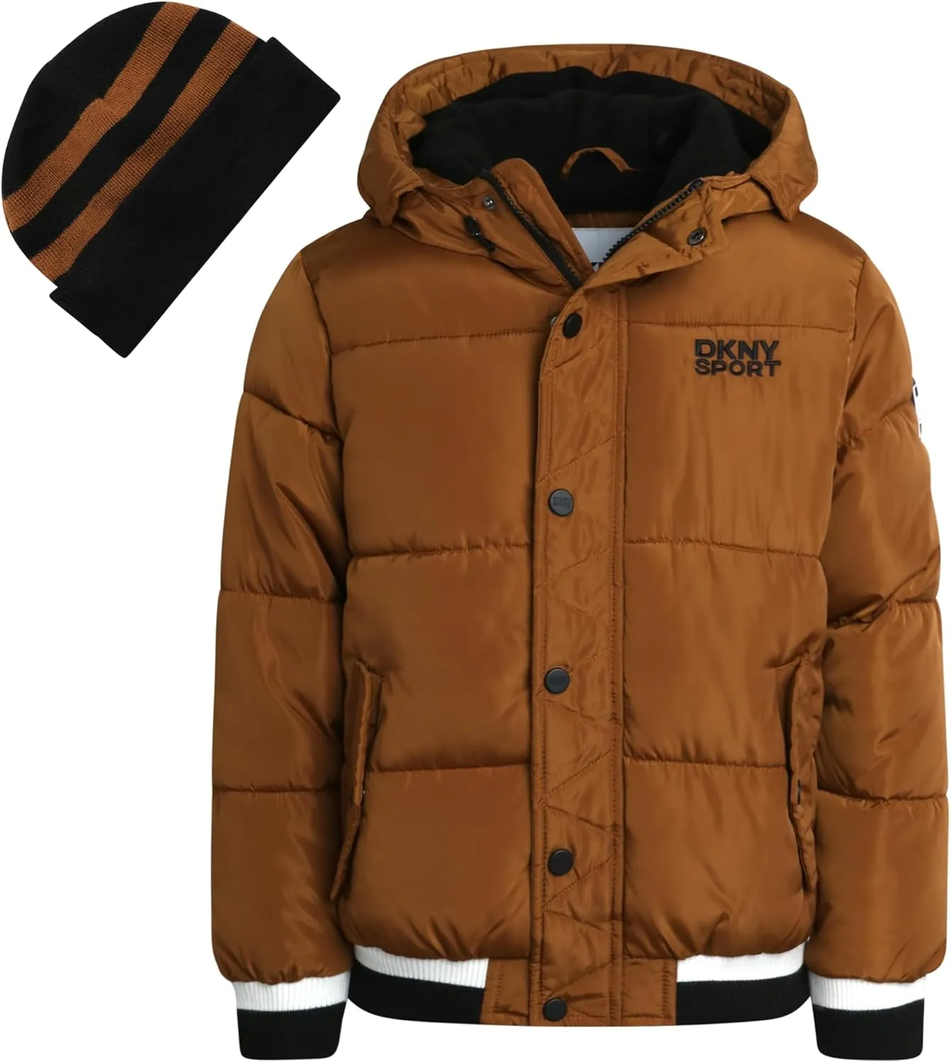 DKNY Boys' Winter Jacket - Midweight Polar Fleece Lined Quilted Insulated Parka Puffer Down Coat with Beanie Hat (Sizes:8-20)