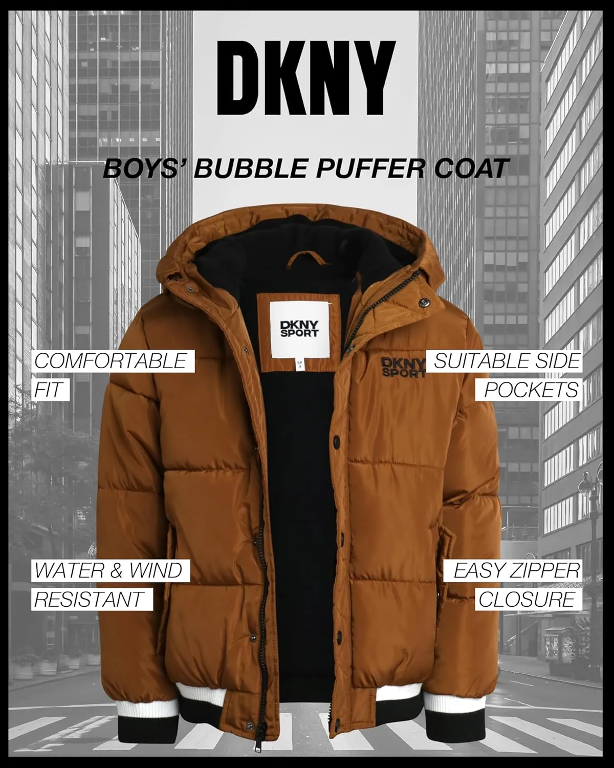 DKNY Boys' Winter Jacket - Midweight Polar Fleece Lined Quilted Insulated Parka Puffer Down Coat with Beanie Hat (Sizes:8-20)