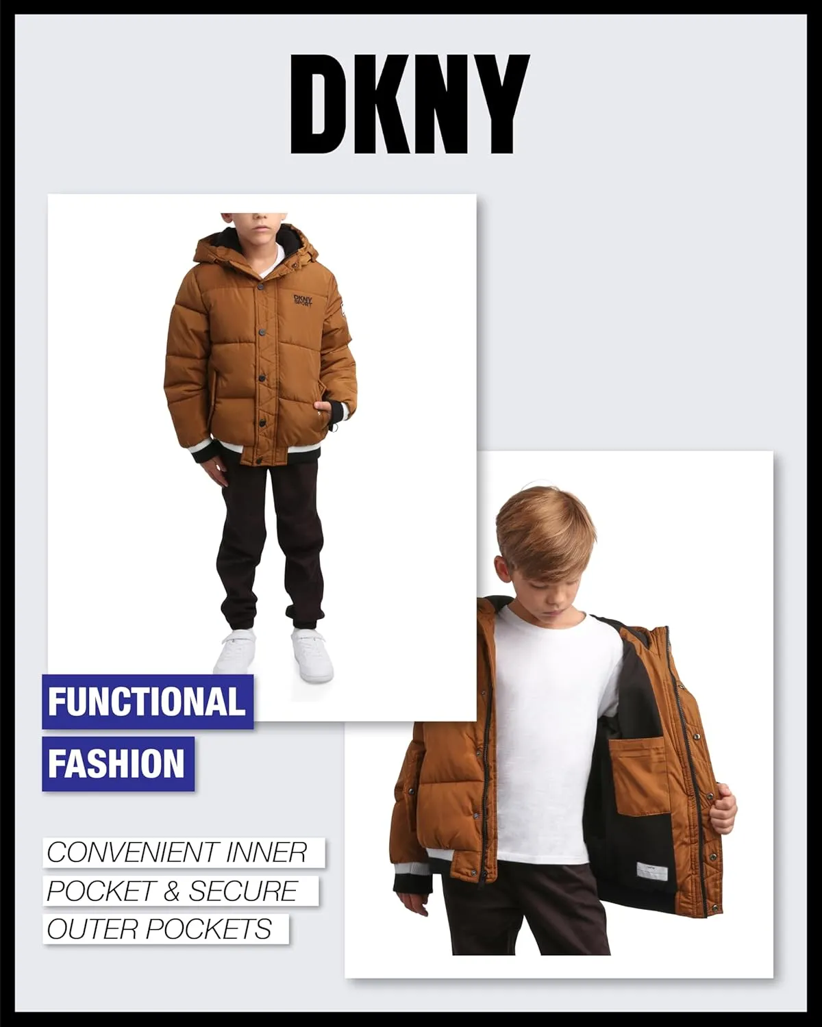 DKNY Boys' Winter Jacket - Midweight Polar Fleece Lined Quilted Insulated Parka Puffer Down Coat with Beanie Hat (Sizes:8-20)