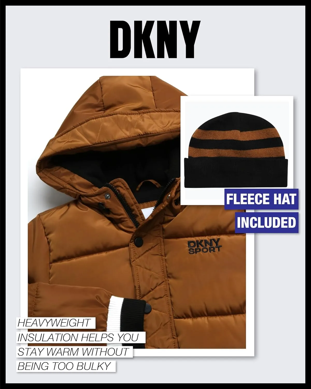 DKNY Boys' Winter Jacket - Midweight Polar Fleece Lined Quilted Insulated Parka Puffer Down Coat with Beanie Hat (Sizes:8-20)