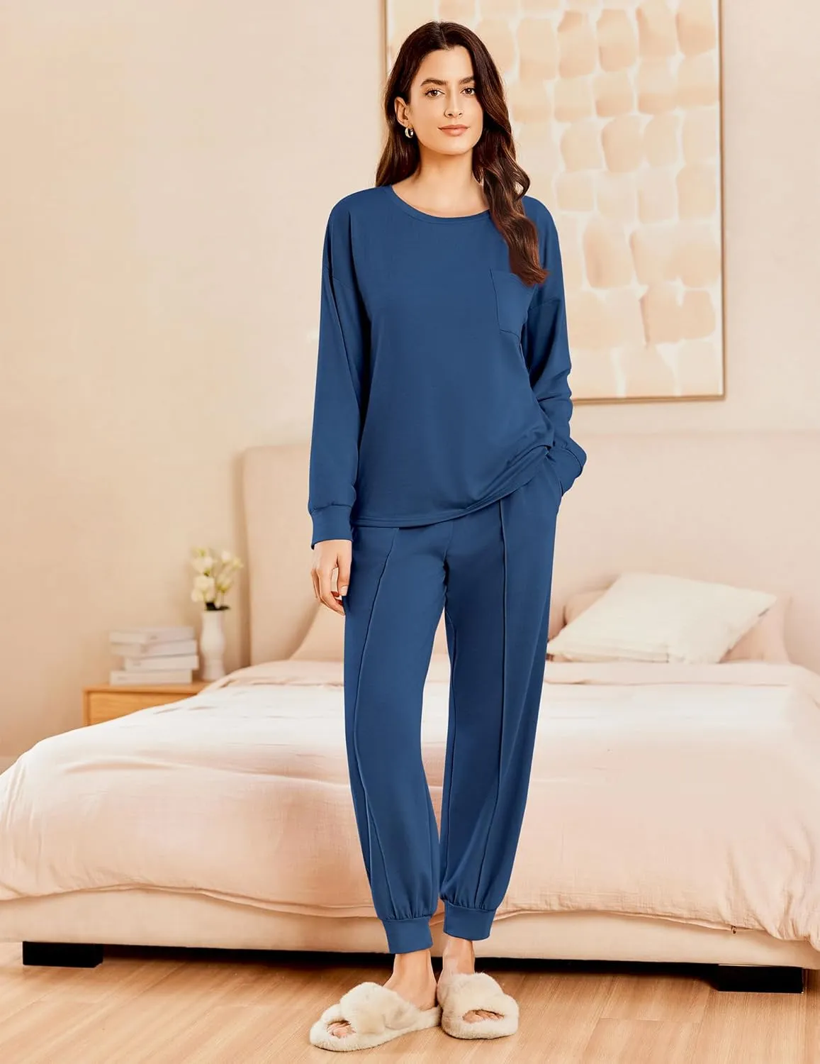 Ekouaer Lounge Sets for Women 2 Piece Jogger Pajama Long Sleeve Pants Loungewear Sweatsuits Casual Matching Outfits
