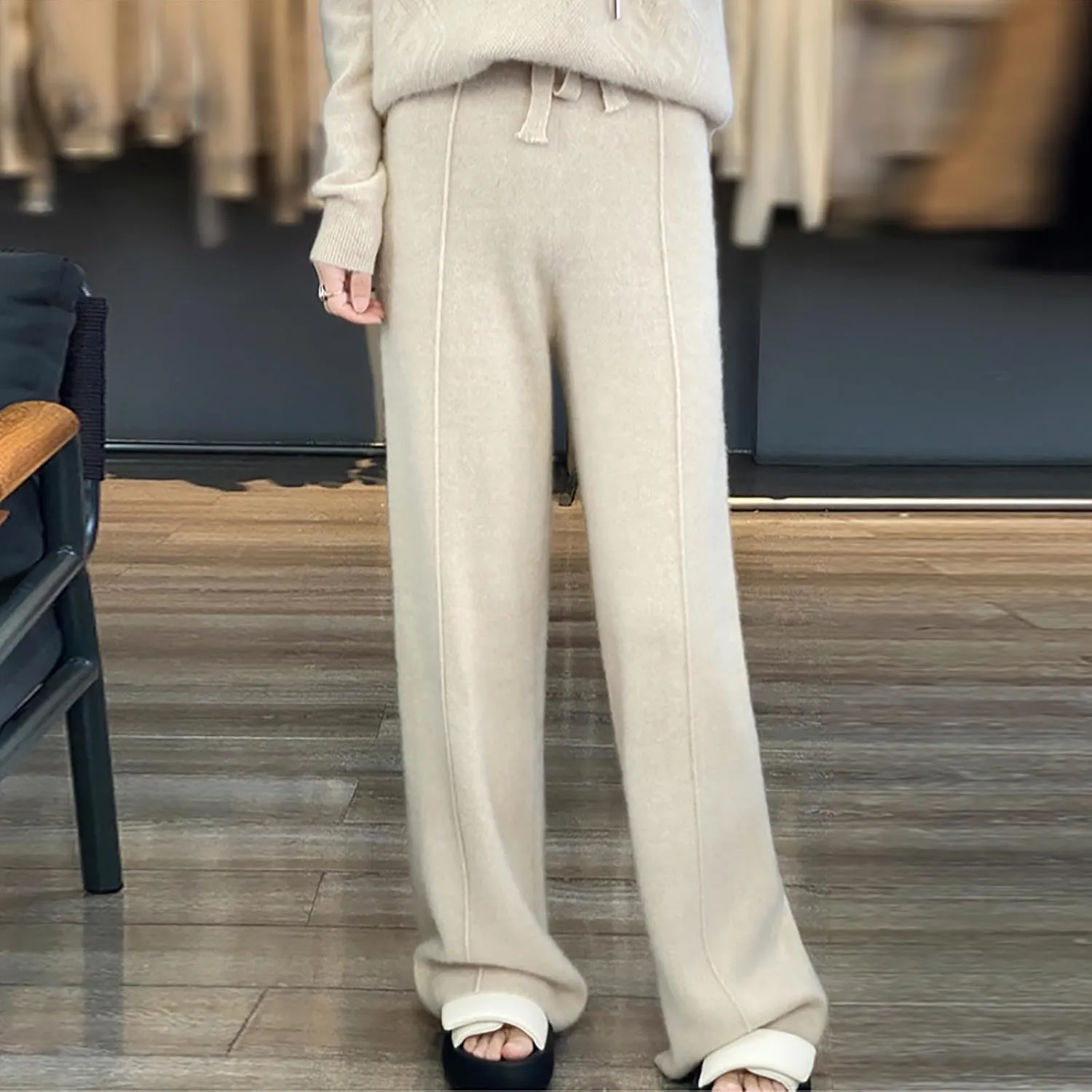 Elegant Women's Wide Leg Wool Pants for Casual and Formal Wear Drapey Floor-Length Trousers with Straight Leg