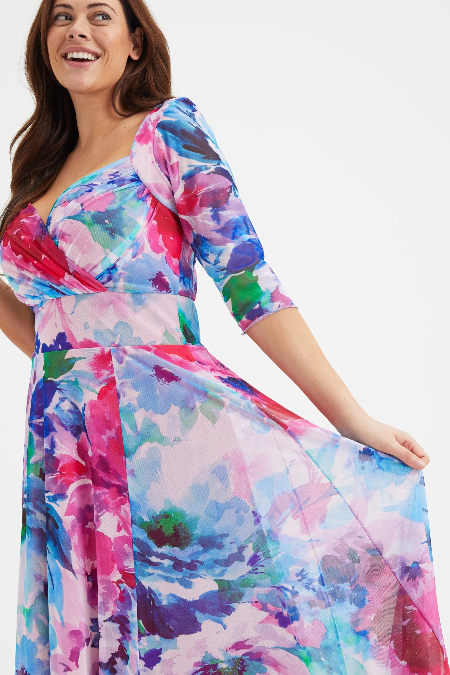 Elizabeth Blue Pink Print Mesh Maxi Gown