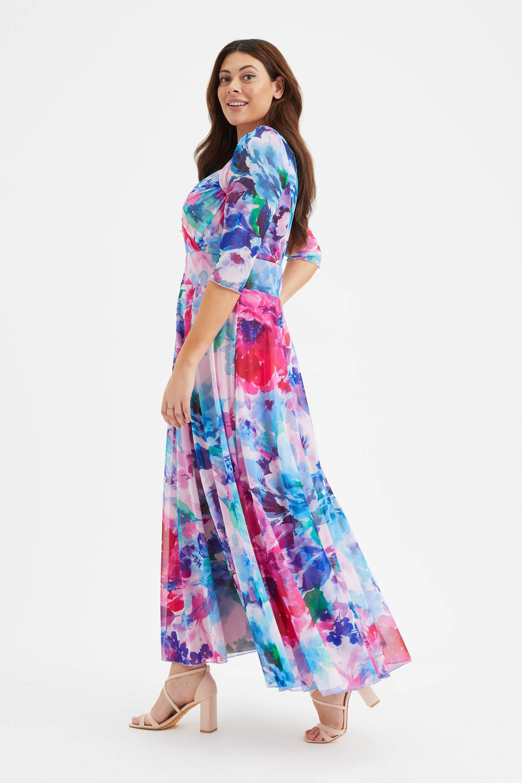Elizabeth Blue Pink Print Mesh Maxi Gown