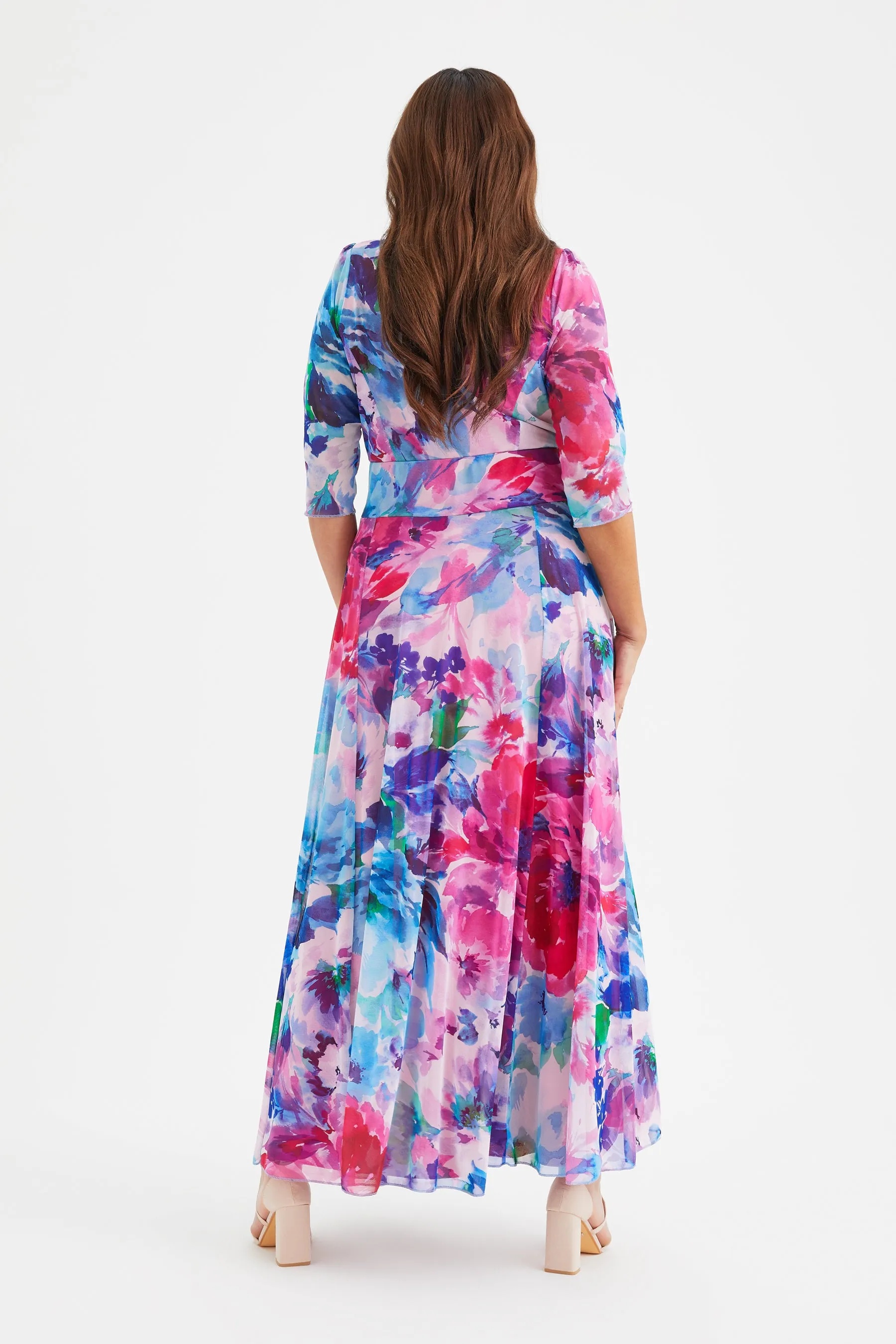 Elizabeth Blue Pink Print Mesh Maxi Gown