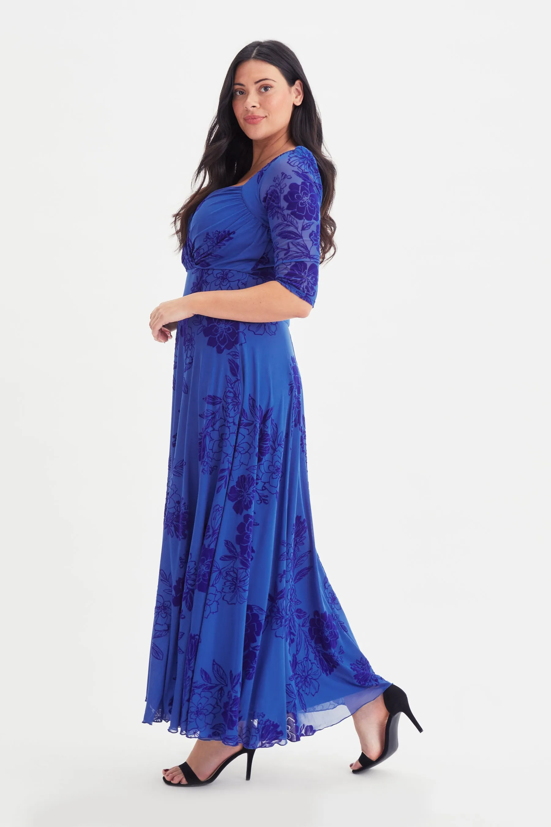 Elizabeth Blue Velvet Flocked Mesh Maxi Gown