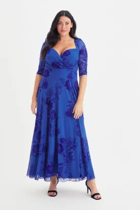 Elizabeth Blue Velvet Flocked Mesh Maxi Gown