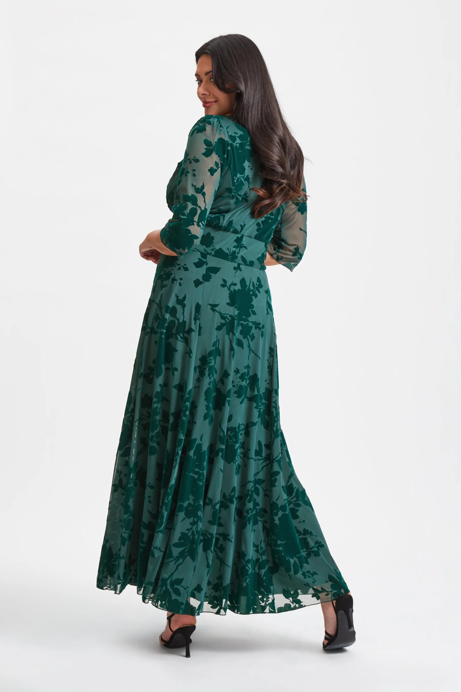 Elizabeth Dark Green Flocked Mesh Maxi Gown