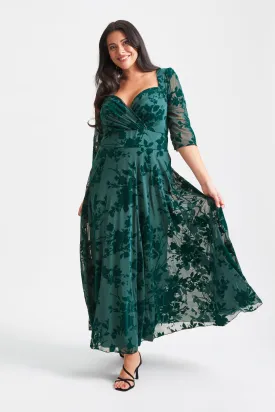 Elizabeth Dark Green Flocked Mesh Maxi Gown