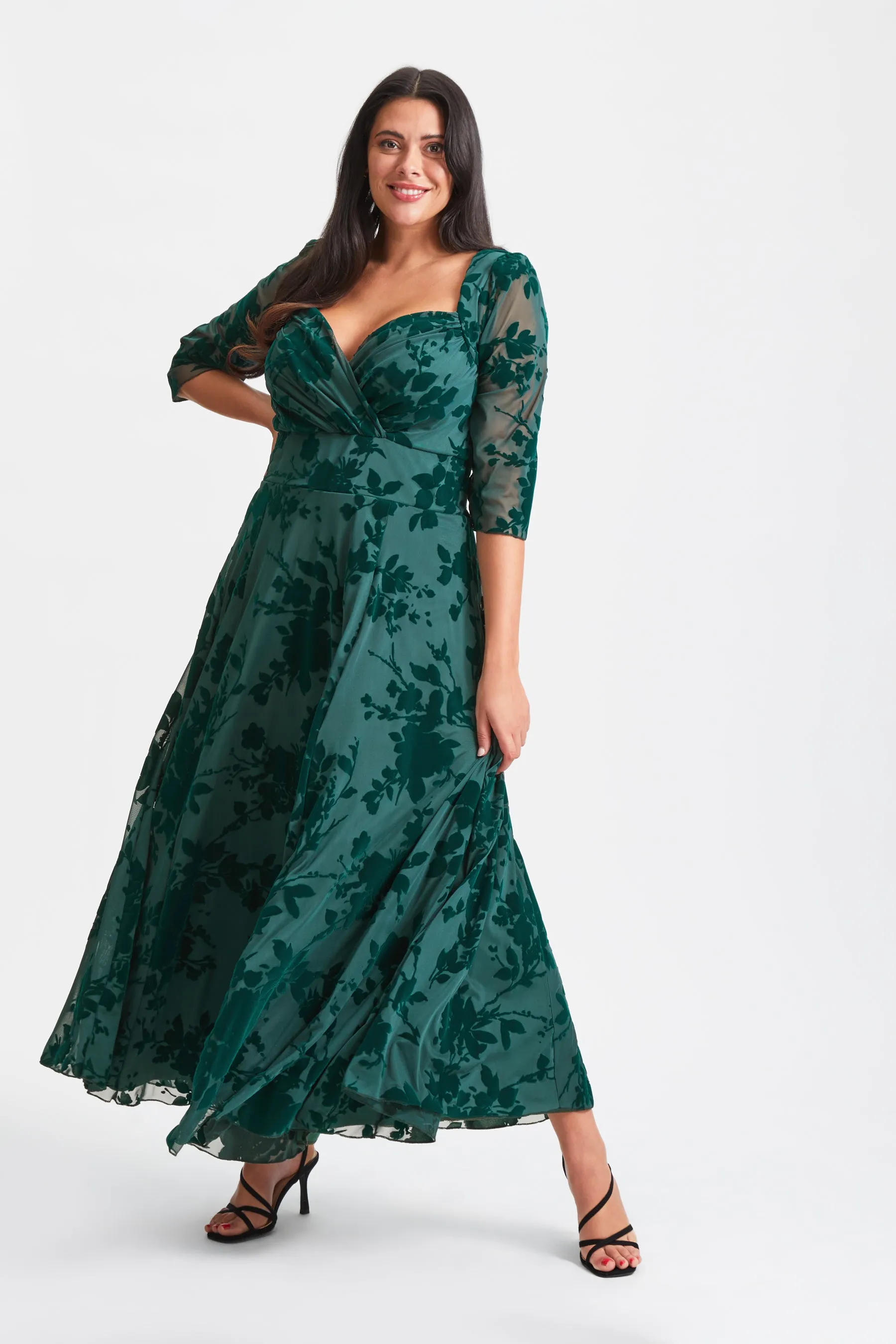 Elizabeth Dark Green Flocked Mesh Maxi Gown