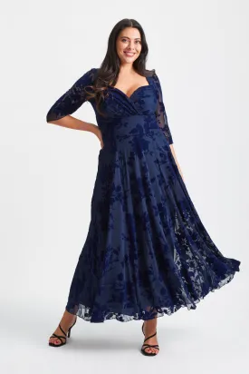 Elizabeth Dark Navy Flocked Mesh Maxi Gown