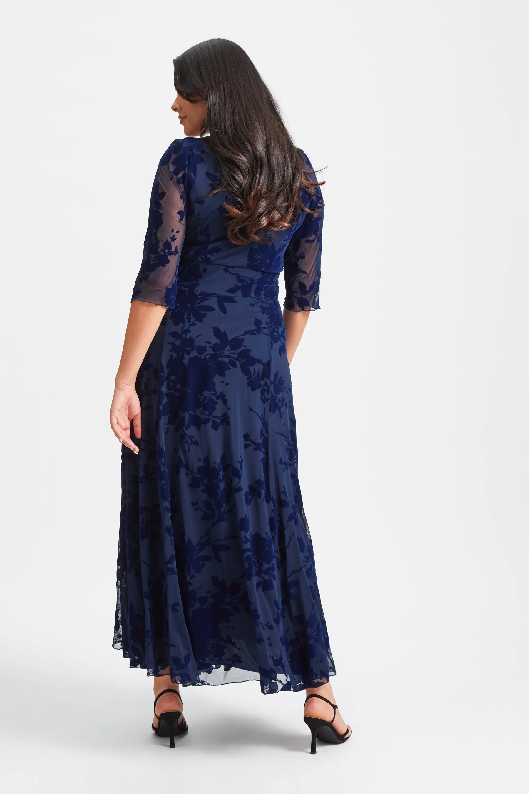 Elizabeth Dark Navy Flocked Mesh Maxi Gown