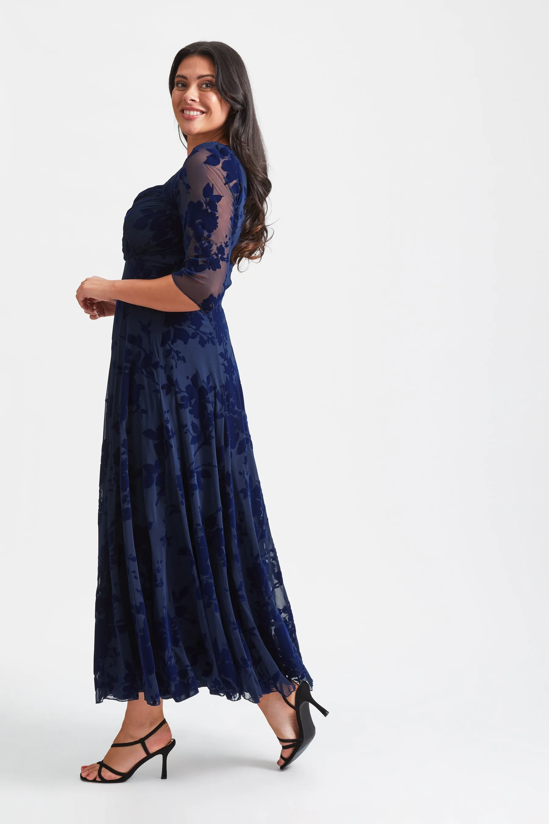 Elizabeth Dark Navy Flocked Mesh Maxi Gown