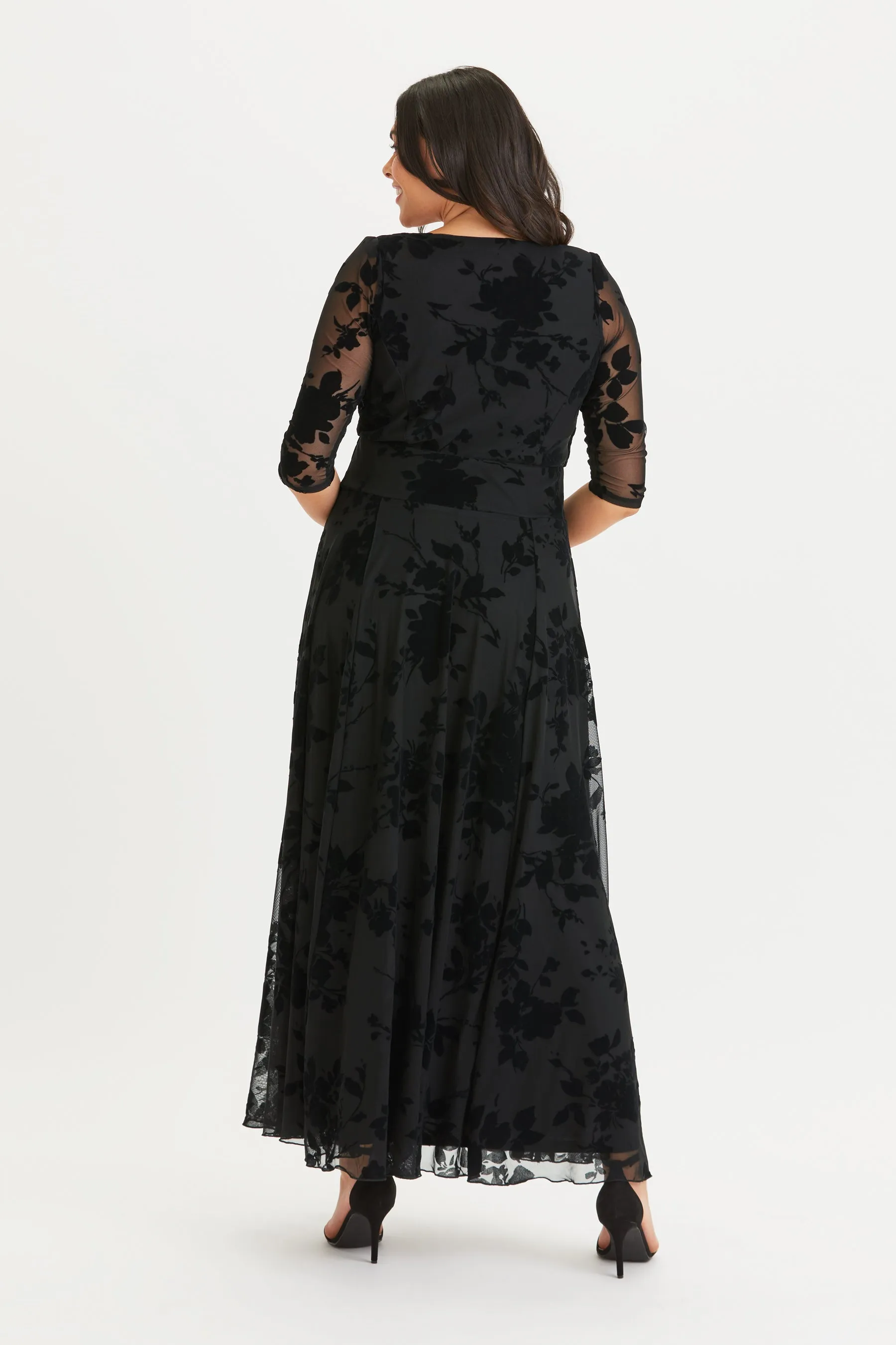 Elizabeth Floral Velvet Flocked Mesh Maxi Gown