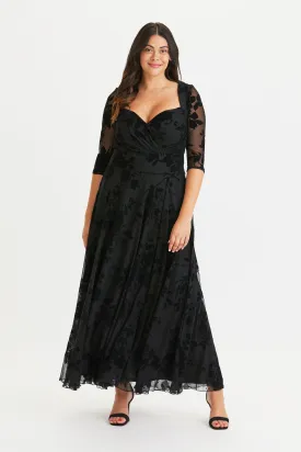 Elizabeth Floral Velvet Flocked Mesh Maxi Gown