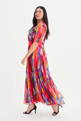 Elizabeth Red Multi Coloured Print Mesh Maxi Gown