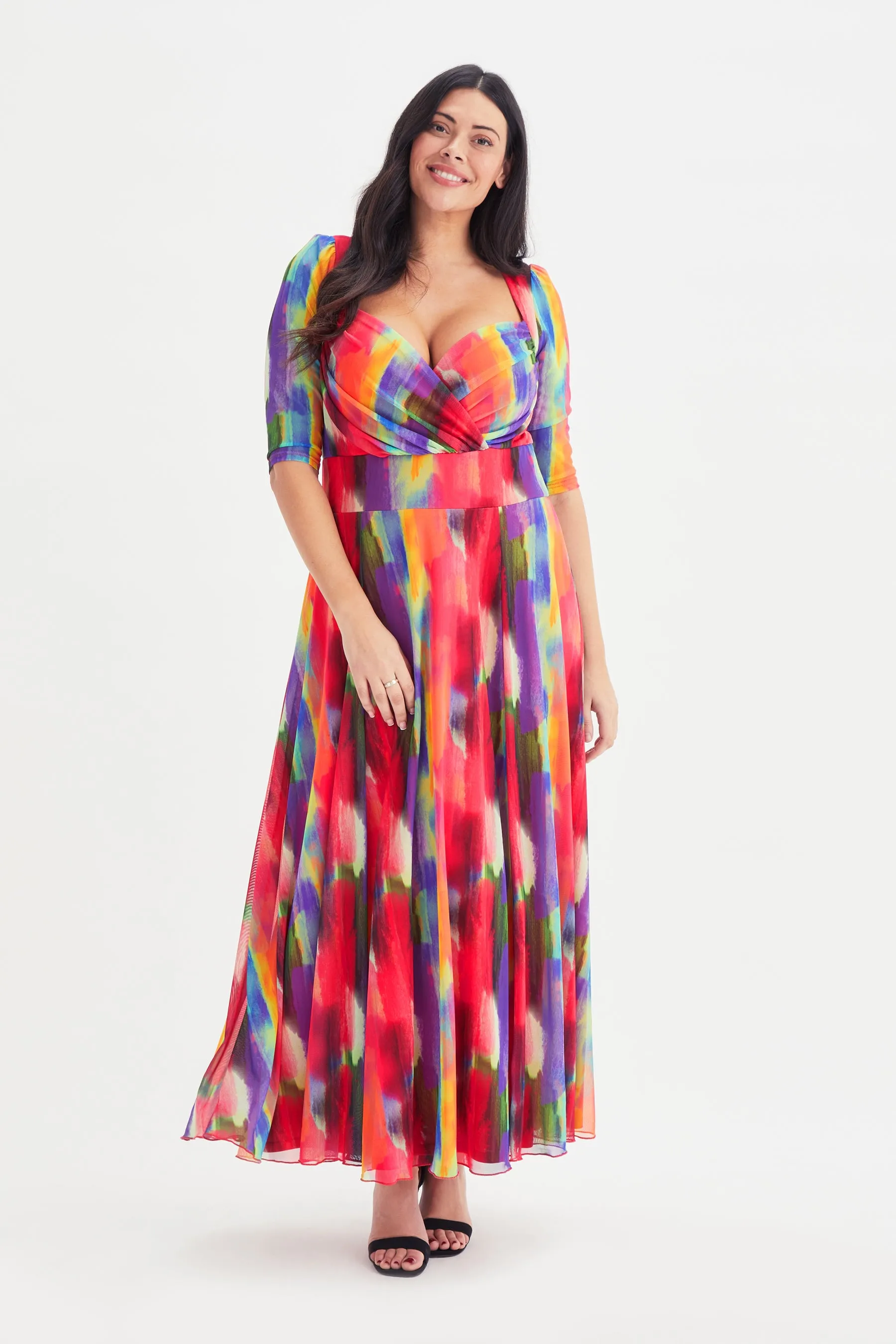 Elizabeth Red Multi Coloured Print Mesh Maxi Gown