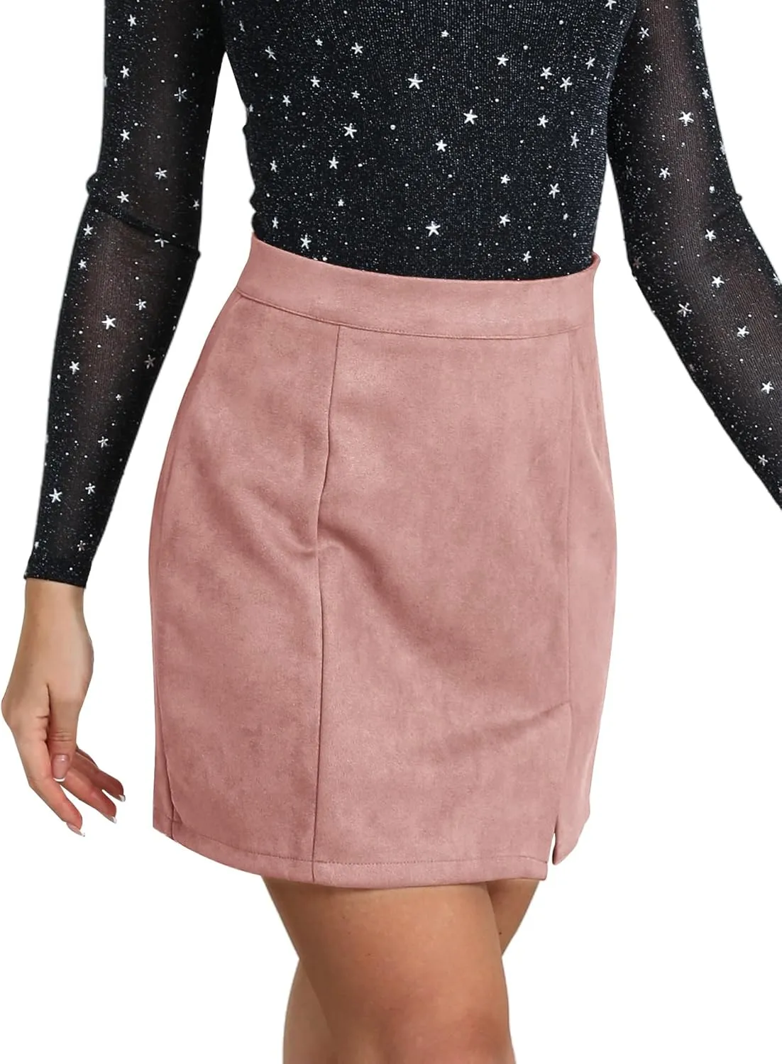 Ezcosplay Women Faux Suede Sexy Mini Skirt with Slit High Waisted Zipper Back Pencil Bodycon Short Skirts