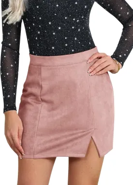 Ezcosplay Women Faux Suede Sexy Mini Skirt with Slit High Waisted Zipper Back Pencil Bodycon Short Skirts
