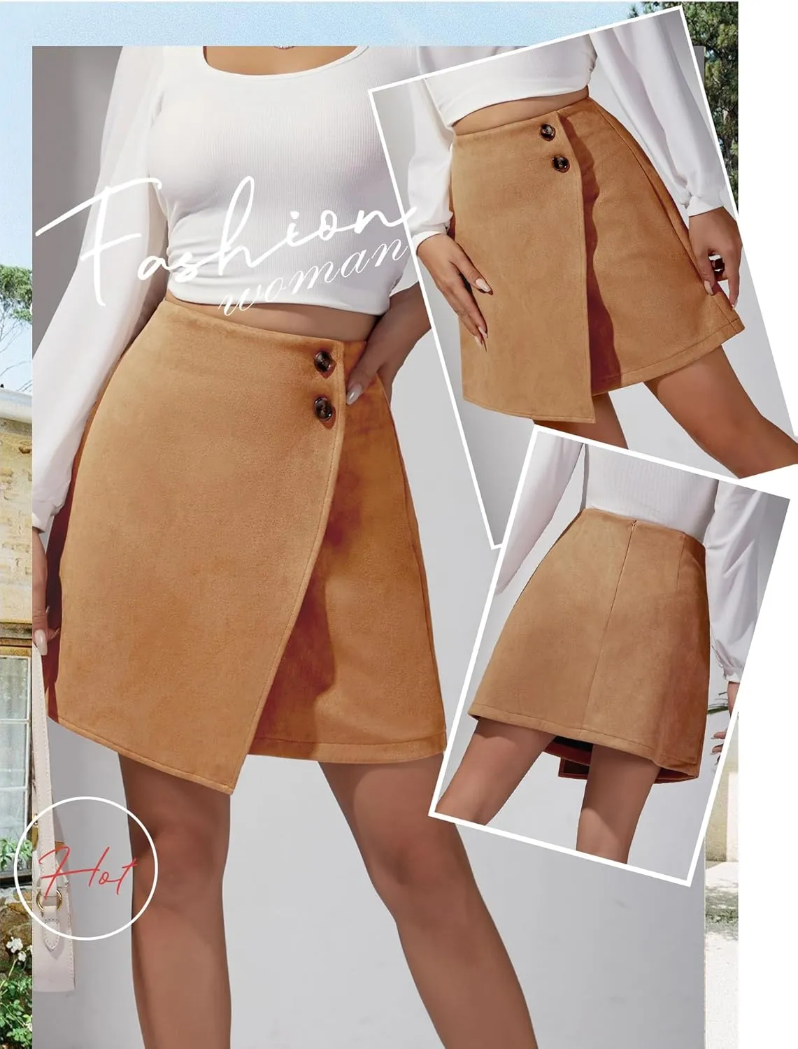 Ezcosplay Women High Waisted Faux Suede Mini Skirt Button Front Asymmetrical Hem A Line Short Skirt