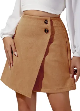 Ezcosplay Women High Waisted Faux Suede Mini Skirt Button Front Asymmetrical Hem A Line Short Skirt