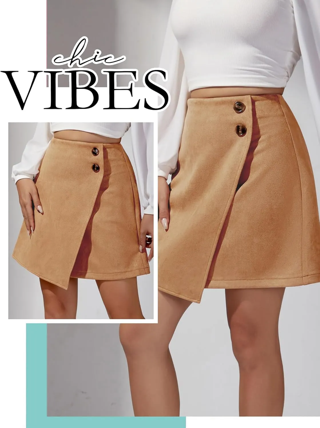 Ezcosplay Women High Waisted Faux Suede Mini Skirt Button Front Asymmetrical Hem A Line Short Skirt