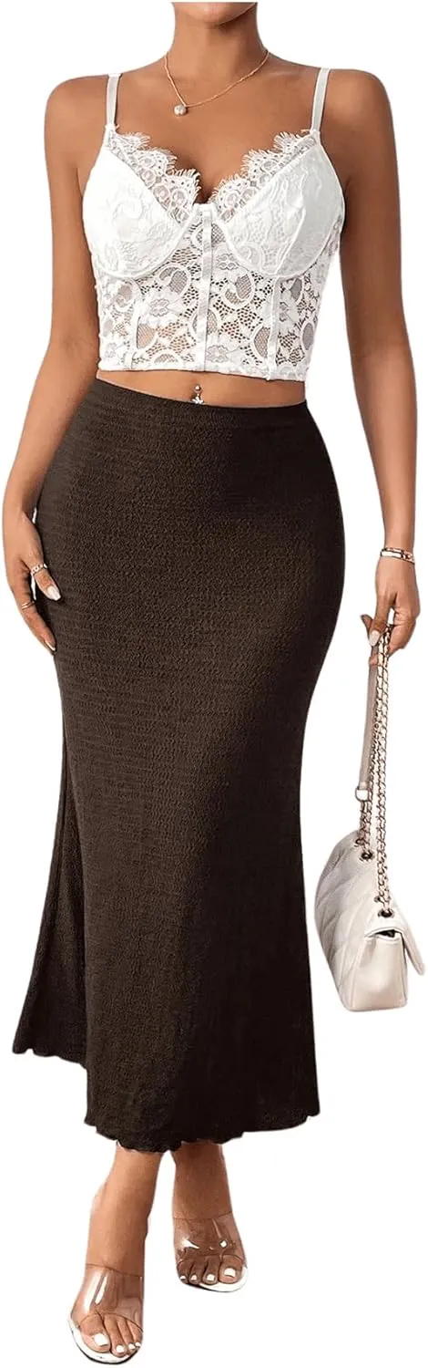 GORGLITTER Women's Solid Pencil Skirt Lettuce Trim Bodycon Long Skirts Dress