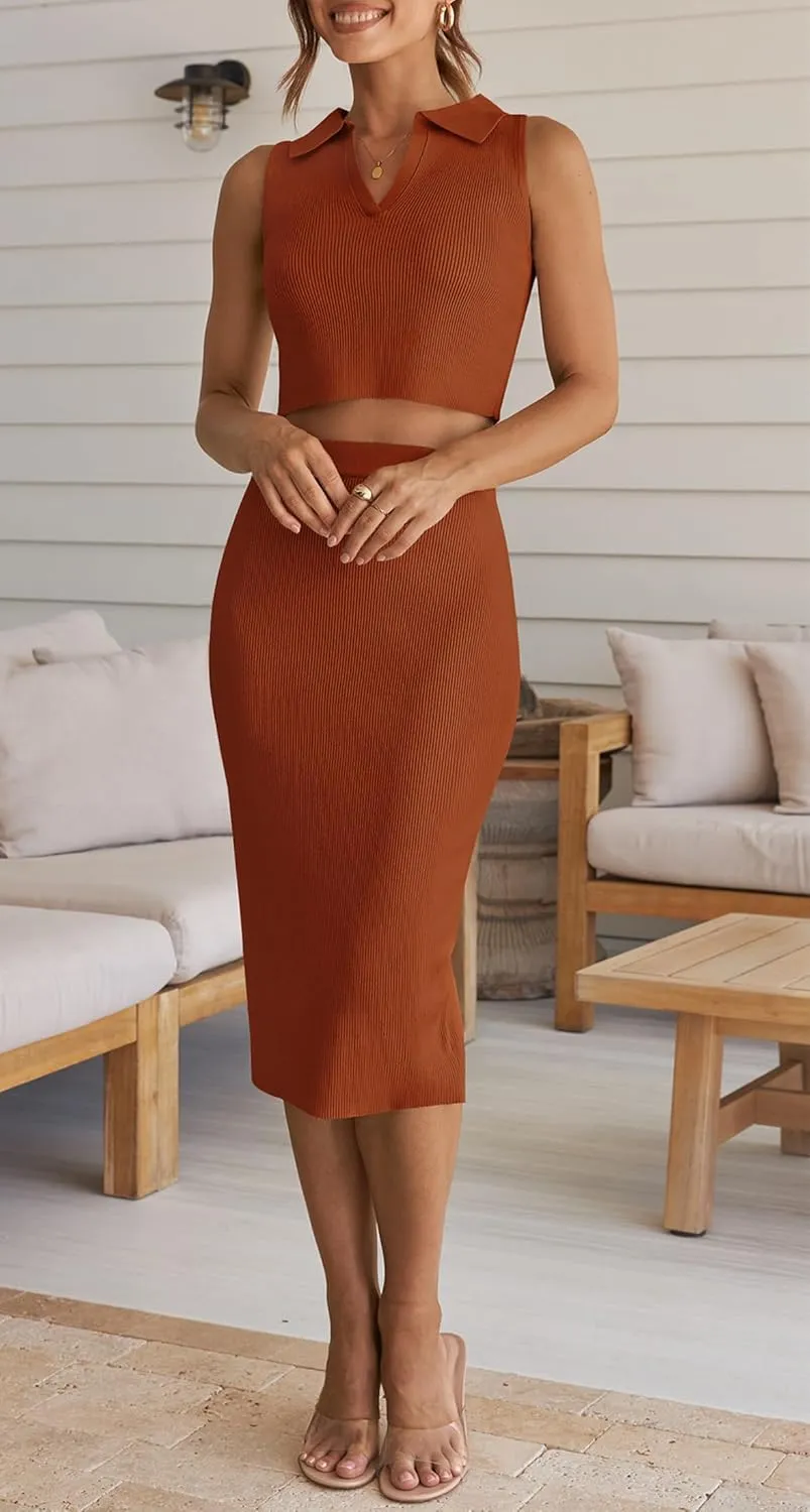 HAEOF Women's 2 Piece Summer Outfits Ribbed Knit Sleeveless Crop Tops Bodycon Midi Skirt Sets