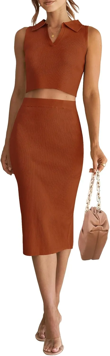 HAEOF Women's 2 Piece Summer Outfits Ribbed Knit Sleeveless Crop Tops Bodycon Midi Skirt Sets