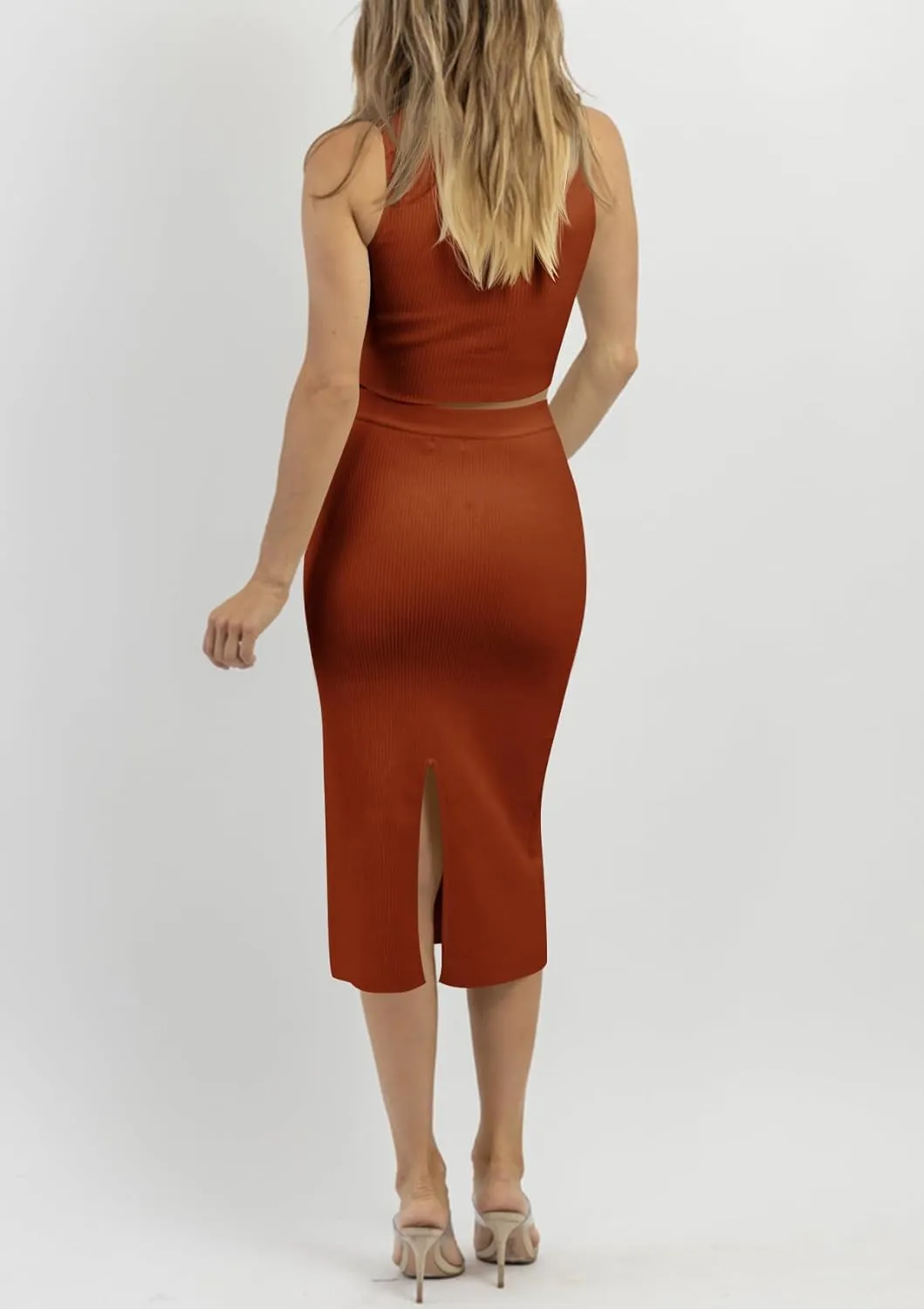 HAEOF Women's 2 Piece Summer Outfits Ribbed Knit Sleeveless Crop Tops Bodycon Midi Skirt Sets