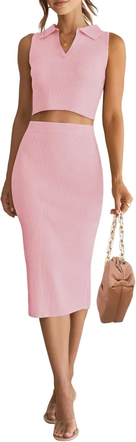 HAEOF Women's 2 Piece Summer Outfits Ribbed Knit Sleeveless Crop Tops Bodycon Midi Skirt Sets