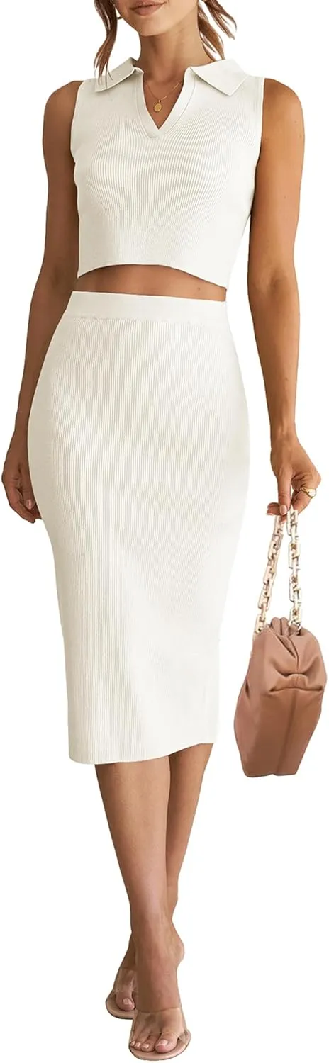 HAEOF Women's 2 Piece Summer Outfits Ribbed Knit Sleeveless Crop Tops Bodycon Midi Skirt Sets
